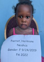 A little girl holding up a sign that reads,'perrienne henisha'.
